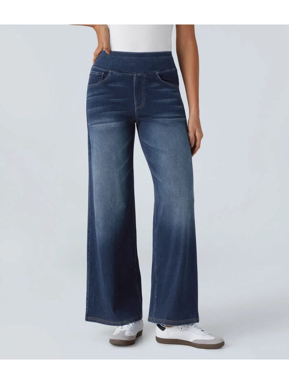 Halara Flex High Waisted Pockets Baggy Wide Leg Washed Casual Jeans [S Petite]